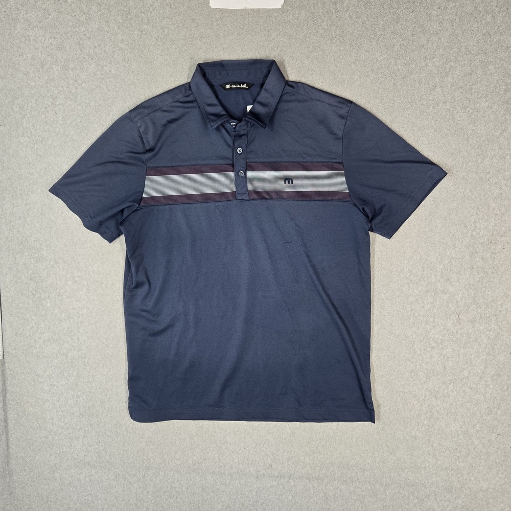 Travismathew Men Polo XL Navy Striped Stripe Panel Golf Shirt Logo Button